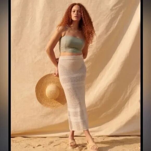 Abercrombie & Fitch NWT Tan Open Crochet Knit High Waist Unlined Midi Maxi Skirt - Picture 2 of 9